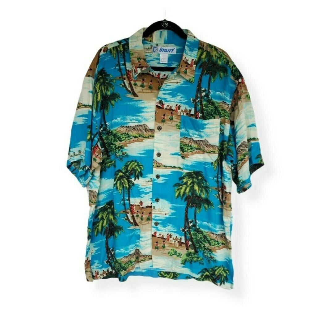 Utility Button Front Shirt Mens Large Tropical Short Sleeve‎ Casual Top